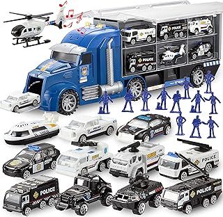 JOYIN 25 in 1 Police Rescue Truck Car Toy Set with Sounds and Lights, Mini Police Vehicles in Carrier Truck, Play Police Patrol Rescue Vehicle Toy, Birthday Gifts for Over 3 Years Old Boys