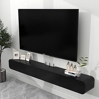 Black Floating TV Unit - 160cm Wall Mounted Cabinet With Door, Large Storage TV Bench For Living Room