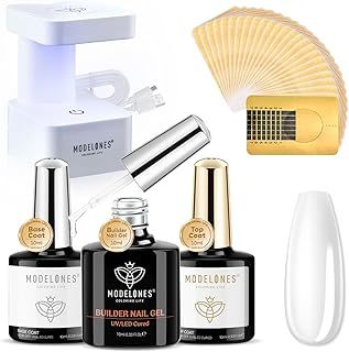 Modelones Builder Nail Gel Kit, 8-in-one Clear Builder Gel with Mini LED Nail Lamp& Nail Forms Set, Gel Top Coat Base Coat, Hard Gel Builder for Nails Extension Strengthener Base Gel in a Bottle