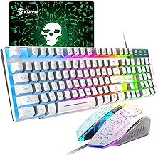 Wired Mechanical Feel Gaming Keyboard and Mouse Set Rainbow LED 104 Keys USB illuminated light up Keyboard 2400DPI 6 Buttons Optical Gaming Mouse Mice+Gaming Mouse Pads for PS4 Xbox PC Laptop White