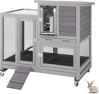 Rabbit Hutch with Living Space Rabbit Cage Indoor Bunny Hutch with Run Outdoor Rabbit House with Two Deeper No Leak Trays - 4 Casters Include