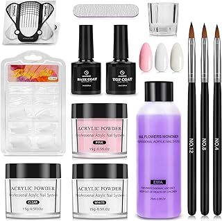 Yokilly Acrylic Nail Kit,Acrylic Powder Set with Pink White Clear Colors,100PCS Nail Tips Acrylic Nail Kits Set with Nail Art Brush,Glass Cup,Nail File (White Clear Pink-1)
