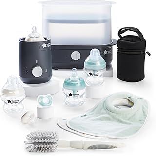 Tommee Tippee Complete Feeding Set, Electric Steam Steriliser with Insulated Bottle Bag, Newborn Baby Bottles and Easiwarm Bottle Warmer, Black