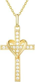 FANCIME 925 Sterling Silver Yellow Gold Plated Heart Shape Crucifix Necklace with Cubic Zirconia - Chain Length: 16 + 2 Inch