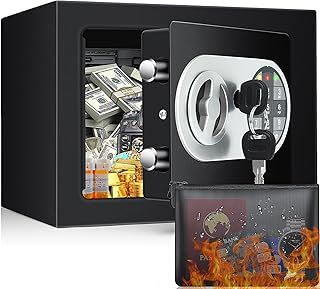 Small Safe Box with Fireproof Money Bag, Digital Home Safes Lock Box with Combination Lock and Emergency Keys, Hidden Safe Cash Box Mini Safe for Home Money Medicine Jewelry, 23×17×17 cm