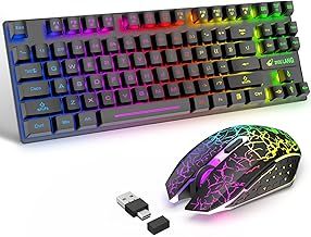 T87 Upgrade 87 Keys Wireless Keyboard + 2400DPI 6 Button Optical Rainbow LED Mouse Combo - Rainbow Backlit Mechanical Feel Keyboard with Free Gaming Mouse Pads (Black)