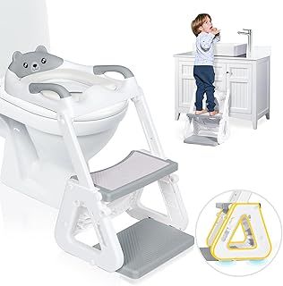 Orzbow Adjustable Potty Training Toilet Seat with Steps,Stable Toddler Toilet Seat and Step w/Triangle Structure,Extended Pedal & Splash Guard and Waterproof PVC Cushion,Anti-Slip & Lightweight,Grey