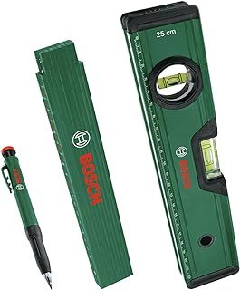 Bosch Marking Set (Precise Alignment and Marking with Spirit Level 25cm, Folding Ruler 2m and Deep Hole Marker Pencil)