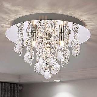 Modern Flush Mount Crystal Chandelier, K9 Crystal Droplet Round Chrome Ceiling Lights, Elegant LED Pendant Lamp Fixture for Living Room, Dining Room, Bedroom, Lounge D35cm (3 Lights)