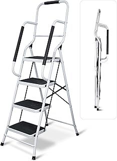 Aidapt 4 Stepladder with Dual Handrails, Folding, Space Saver, Extra Wide Rubber Treads, Non-Slip Rubber Feet, Durable Steel, for Home DIY, Gardening, Workplace, Kitchen Step Stool,
