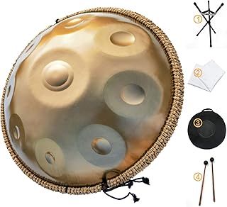 AS TEMAN HANDPAN, Handpan drum instrument in D Minor 9 Notes 440HZ 22 inches Steel Hand Drum with Soft Hand Pan Bag, 2 handpan mallet,Handpan Stand,dust-free cloth,gold