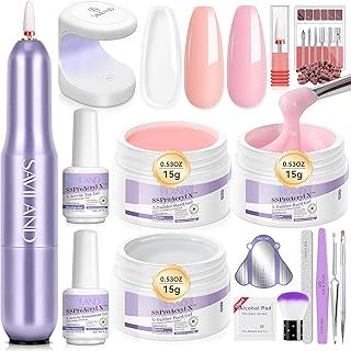 SAVILAND Builder Gels Nail Kit: 3pcs 15g Ultra Hard Gel for Nails Castor Oil VE Gel Builder for Nails Extension Strengthener with Nail Forms U V Nail Lamp Nail Drill Kit for Nail Art (Clear Pink Nude)