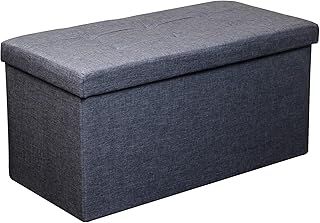 Folding Storage Ottoman Seat, Stool, Toy Storage Box Linen Look (Grey Large)