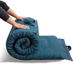MAXYOYO Portable Foldable Futon Mattress, Hypoallergenic Fabric and High-Density Foam Mattress Pad with Handle and Zipper for Outdoor Indoor Camping Guest Car (Blue, 71x190cm)