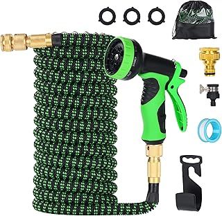 100FT/30M Expandable Garden Hose Pipe with 3/4", 1/2" Solid Brass Fittings and Universal Adapter, Strength Fabric 3750D, No-Kink Hose Pipe for Home Lawn Car Use with 10 Function Spray Nozzle