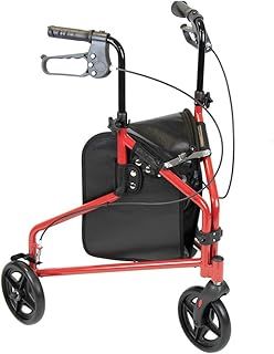 NRS Healthcare 3 Wheel Steel Rollator Walker Walking Aid with Bag, & Lockable Brakes, Folding & Height Adjustable – Red