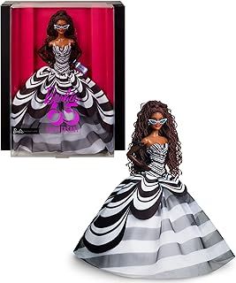 Barbie Signature Doll, 65th Anniversary Collectible with Brown Braided Hair, Black and White Gown, Sapphire Gem Earrings and Sunglasses, HRM59