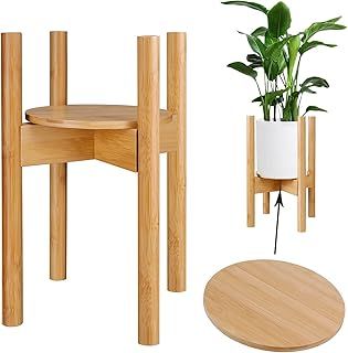 Natura Indoor Plant Stand with Adjustable Tray, Fits 8.5 to 12 Inch Pots, Wooden Mid Century Modern Display Rack - Rustic Decor