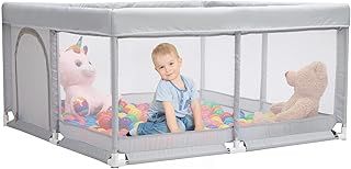 Baby Playpen, Play Pen for Baby and Toddlers, Compact and Strong, Foam Protection, Anti-Slip Safety Play Yard with Transparent Breathable Mesh Round Zipper Door Kids Activity Centre 125cm Beige