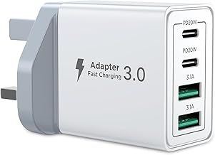 USB C Plug Fast Charge, 40W 4-Port Multi USB Charger Plug UK Dual Port PD Power Adapter +QC Wall Plug Multiport Mains Type C Charging Plug for iPhone 16 15 14 13 12 11 Pro Max XS XR 8, Samsung, iPad