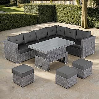 Rattan park Rattan Garden Furniture Modular Corner Sofa With Rising Table And Three Stools (Light Grey)