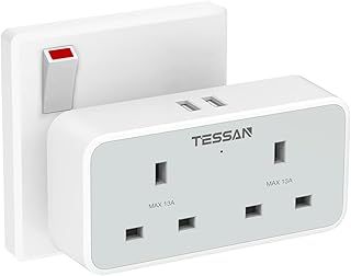 TESSAN Double Plug Adapter UK with 2 USB, 2 Way Multi Plugs Extension Socket, 13A UK Dual Surge Protected Wall Charger Power Adaptor for Home, Office, Kitchen, School Supplies