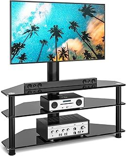 Corner TV Stand for 32-70 inch LED LCD OLED Plasma Flat Curved TVs, Height Adjustable TV Cabinet With Bracket up to 40kgs, Swivel TV Floor Stand with Tempered Glass Shelves Max VESA 600x400mm