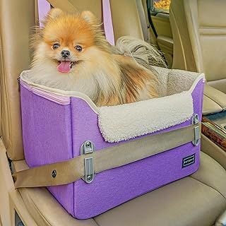 PETSFIT Dog Bed for Car with Safety Belt Attachment Buckles and Clip-On Leash, Waterproof PU Leather Dog Booster Car Seat with Big Side Pocket for Small Pets Up to 11 kg Purple