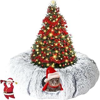 Cat Christmas Tree Skirt Tunnel, Christmas Cat Tunnel, Christmas Tree Cat Tunnel, Cat Tunnel Bed Under Christmas Tree, Christmas Cat Bed, Warm Fluffy Plush Cat Dog Tunnel Bed with Toy Ball (Gray)
