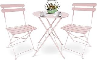 Patio Bistro Set 3 Piece with Foldable Table and Chairs - Powder Coated Steel Frame, Easy to Transport, Each Chair can Support 120kg - Ideal for Gardens, Patios, Balconies - Pink