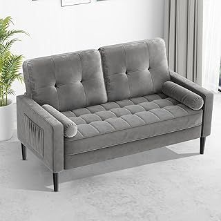 Sofa 2 Seater, Sofa Couch with Comfy Seat Cushion, 2 Pillows, Small 2 Seater Sofa for Living Room/Apartment/Bedroom, Mid Century Modern Couch, Easy Assembly Sofas & Couches, Light Grey