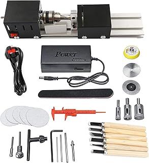 Mini Lathe Beads Polisher Machine DIY CNC Machining for Table Woodworking Wood DIY Tool Lathe Standard Set 6 in 1 (Black)