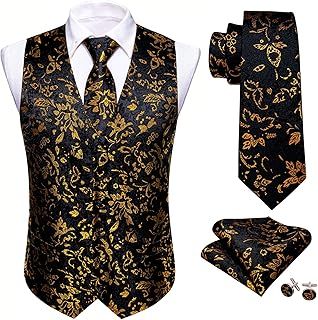 Barry.Wang Mens Paisley Waistcoat Flower Jacquard Silk V-neck Suit Vest and Tie Pocket Square Cufflinks for Wedding Tuxedo Prom
