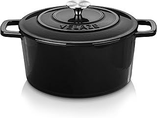 Velaze Cast Iron Pot with Lid,Non Stick Dutch Oven Pot, Black Round Casserole Dishes with Lids Oven Proof,22.7cm/6L(Black)