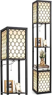 COSTWAY Floor Lamp with Shelves, 1/2 Lampshade Standing Light with Chain Switch & Foot Switch, Reading Lamp for Bedroom Living Room Office Home Decoration (2 Lampshades, with Foot Switch)