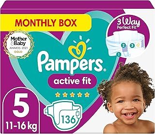 Pampers Baby Nappies Size 5 (11-16 kg/24-35 Lb), Active Fit, 136 Nappies, MONTHLY SAVINGS PACK, Pampers’ Trusted Fit and Comfort For Your Wild Child