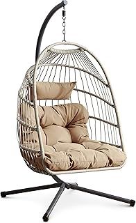 Swing Egg Chair, Rattan Hanging Egg Chair With Cushion, Foldable Egg Chair Outdoor Indoor, Garden Patio Hammock Chair With Stand & Adjustable Height, 160 Kg Weight Capacity