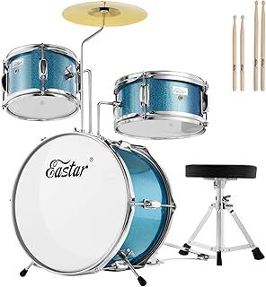 Kids Drum KIt Eastar 3-Piece for Beginners, 14 inch Drum Set with Adjustable Throne, Cymbal, Pedal & Two Pairs of Drumsticks, Junior Drum Set with Bass Tom Snare Drum, Metallic Sky Blue