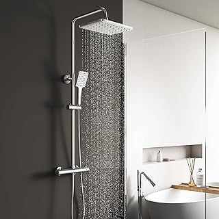 YOOZENA Thermostatic Shower Mixer Set,Overhead Rainfall Shower,Handheld Shower,Shower Mixer Bar,Height Adjustable Shower System for Bathroom,Chrome