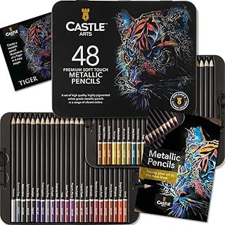 Castle Art Supplies Metallic Pencils Set | 48 Shimmering Shades with Premium Quality Wax Cores for Professional, Adult Artists and Colourists | Protected and Organised in Presentation Tin Box