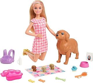 Barbie Doll and Pets Playset, Blonde Barbie Doll with Mommy Dog and 3 Puppies, Colour Changing Features and Barbie Pet Accessories, Toys for Ages 3 and Up, One Doll with Dogs, HCK75