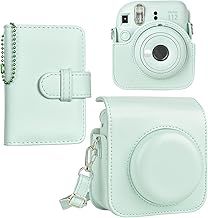 Elegant Case and Album for Fujifilm Instax Mini 12, Protective Leather Case Carry Bag with Photo Pocket, Key-Chain Photo Album and Shoulder Strap - Mint Green