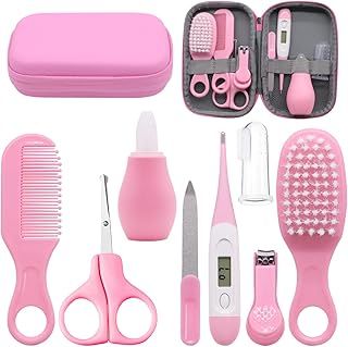 VicBou 8pcs Baby Grooming kit, Newborn Baby Care Accessories with Zipper Box, Baby Hair Nail Thermometer Care Set, Baby Healthcare Set for Newborn Infant, Toddler Girls & Boys (Pink)
