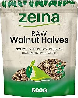 Zeina Raw Walnut Halves (500g) - Naturally Gluten Free Vegan Approved Low Sugar Walnut Halves, Premium Healthy Nut Snacks, Used in Home Baking, Cooking or Salad Toppings