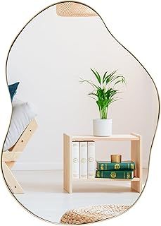 COSTWAY Decorative Wall Mirror, Large Irregular Metal Frame Hanging Accent Vanity Mirror, Horizontal/Vertical Wall Mounted Mirror for Bathroom, Living Room, Bedroom and Hallway, 78x56cm, Gold