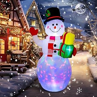 COOLWUFAN 5 FT Christmas Inflatables Snowman with Gift Box, Colorful Rotating LED Lights Inflatables Snowman for Xmas Holiday Family Party Decoration Yard Lawn Favors Indoor Outdoor Decor