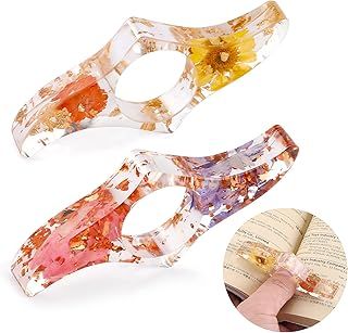 Prasacco 2 Pieces Book Page Holder, Dried Flower Transparent Thumb Ring Page Holder Handmade Personalized Flower Bookmark Book Reading Accessories for Teachers Student Bookworm Readers Literary
