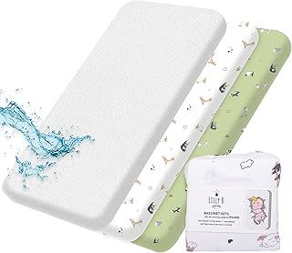 Organic Cotton GOTS Fitted Sheets 2+1 Waterproof Protector Compatible Next to me Crib Sheets, Snuzpod and All Bedside Cribs, bassinets up to 90x55cm Pack of 3 Pieces