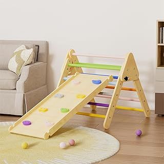 BenaRita Toddler Climbing Frame Indoor 3 in 1 Rainbow Wooden Climbing Frame Foldable Triangle Climbing Ladder with Sliding Ramp and Arch Montessori Climbing Toy Play Gym for Kids