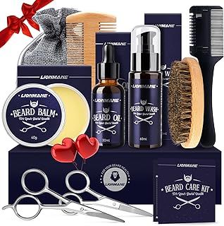 Beard Care Kit for Men, LIONMANE Beard Grooming Kit-Beard Balm,Beard Wash & Oil,Comb, Brush,Scissors,Hair Thinning Comb, Beard Trimming Set, Birthday Gifts for Him/Husband/Boyfriend/Dad